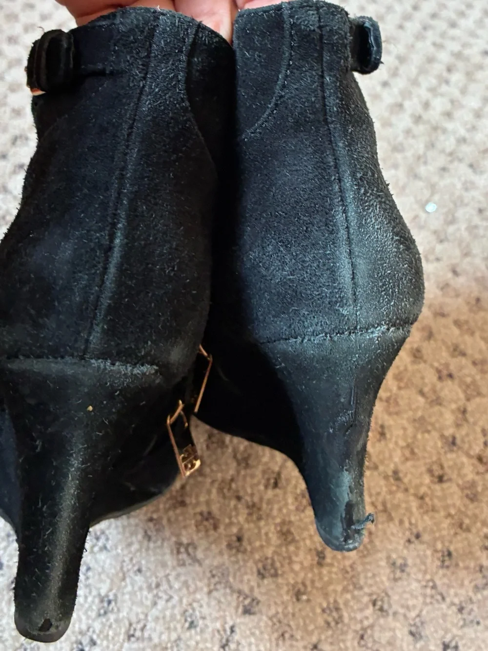 Tory Burch Black Suede Wedge Ankle Booties with Gold Logo